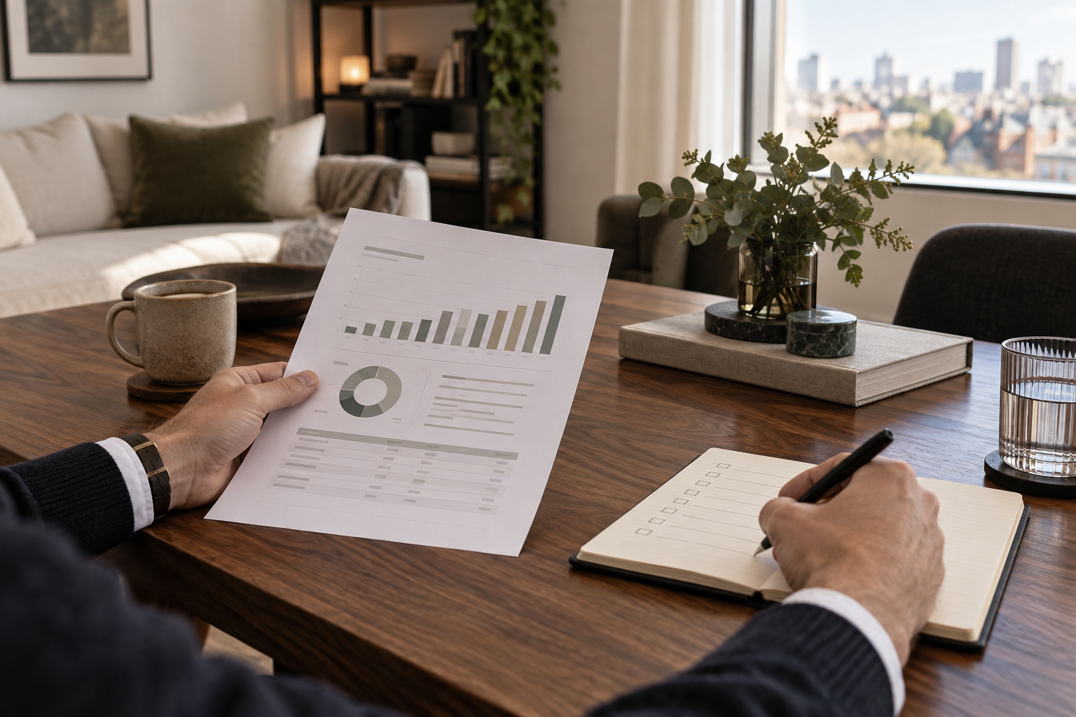 A property owner reviewing a short-let performance statement at a walnut table