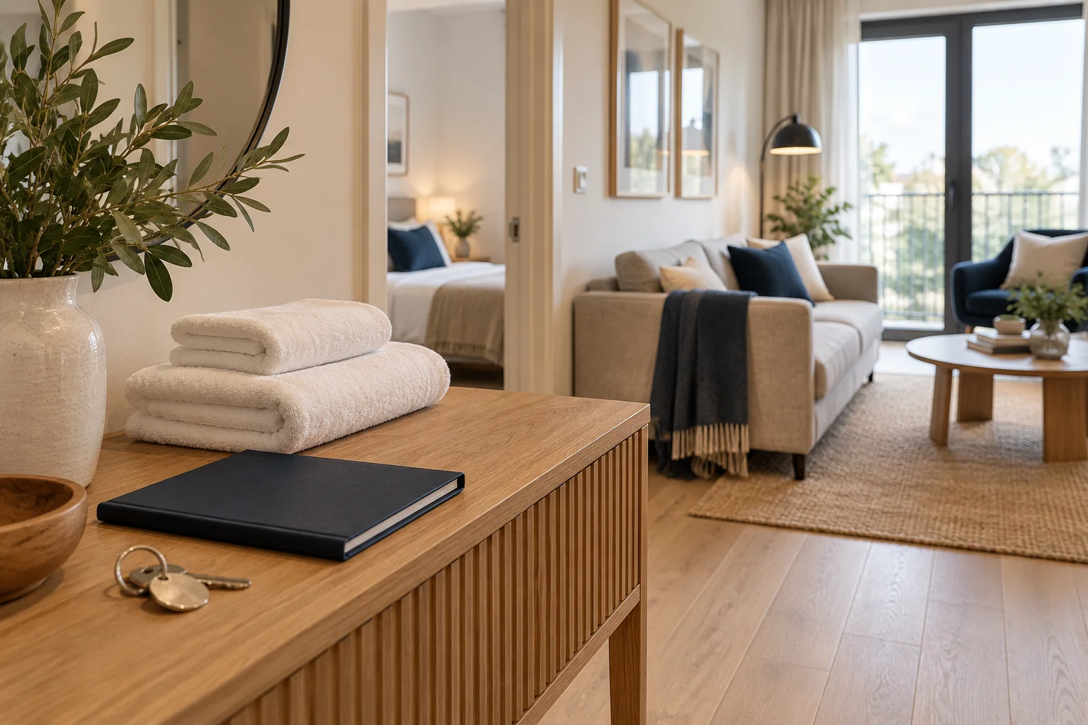Illustrative guest-ready apartment with folded white linen, keys and a navy welcome folder on an oak console