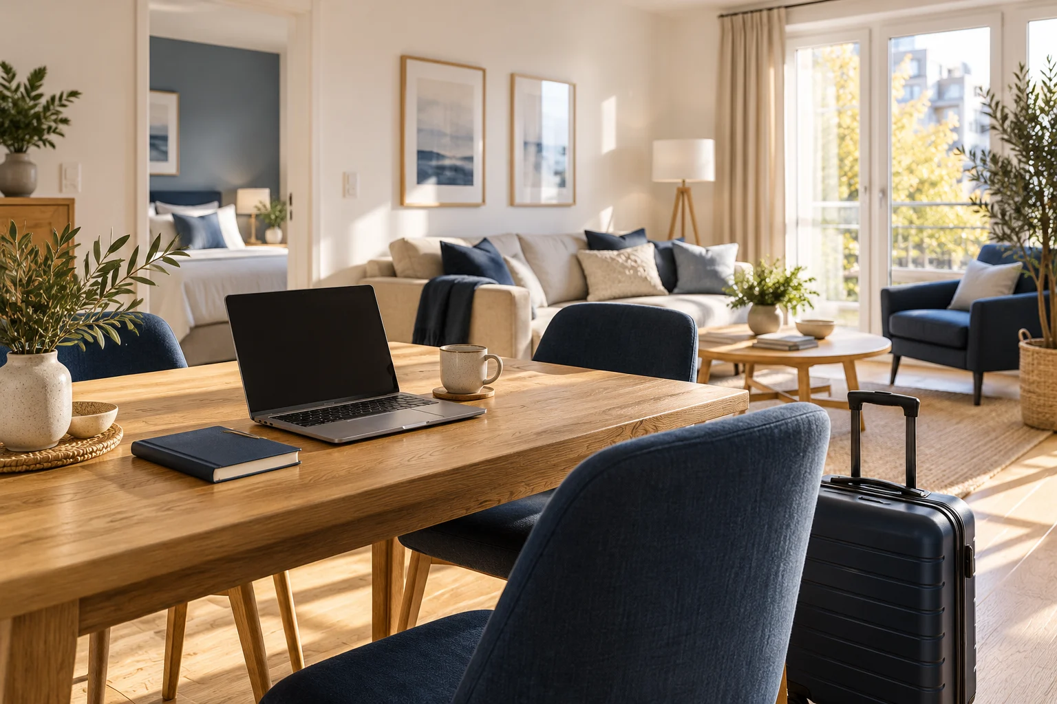 Illustrative apartment workspace with a laptop, coffee and notebook on an oak table, with a suitcase beside a navy chair