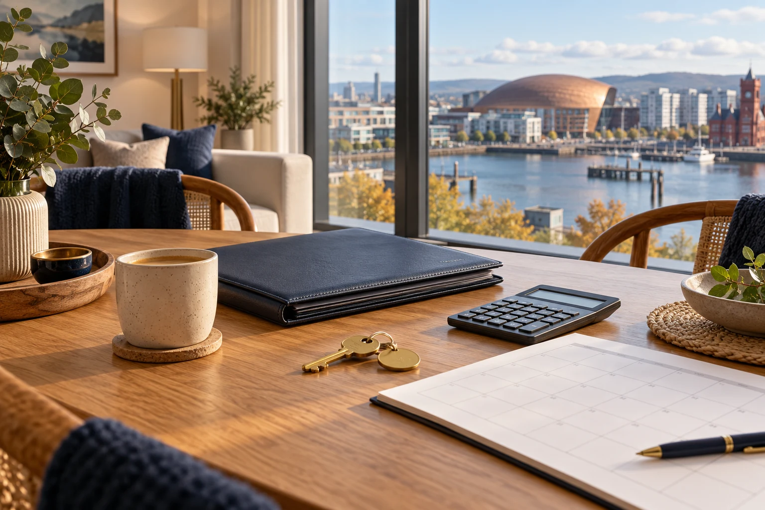 Illustrative apartment table with keys, a bookkeeping folder and calculator, with Cardiff Bay in the background