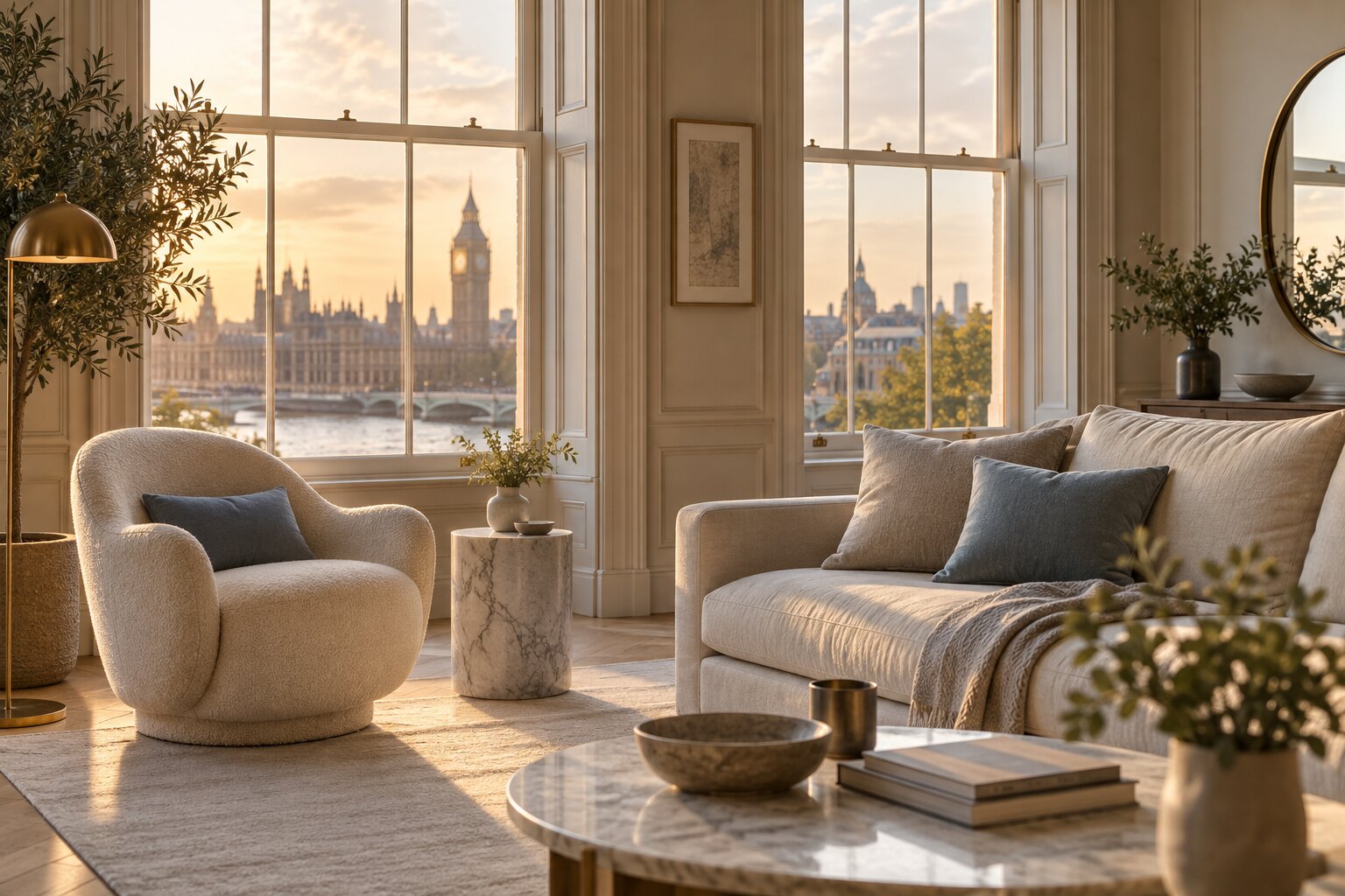 An elegant London sitting room with views towards Westminster at golden hour