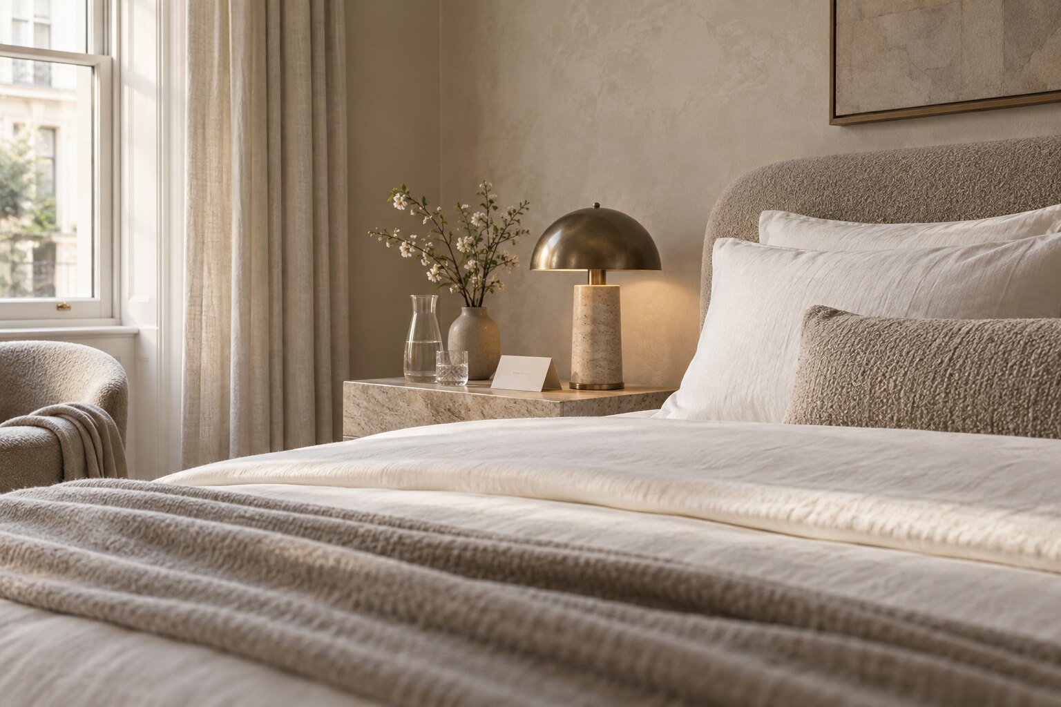 A serene luxury bedroom prepared for a guest arrival