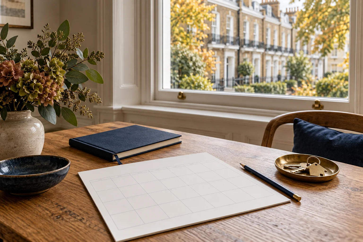 Illustrative oak table with a blank calendar, navy notebook, pencil and house keys beside a sash window