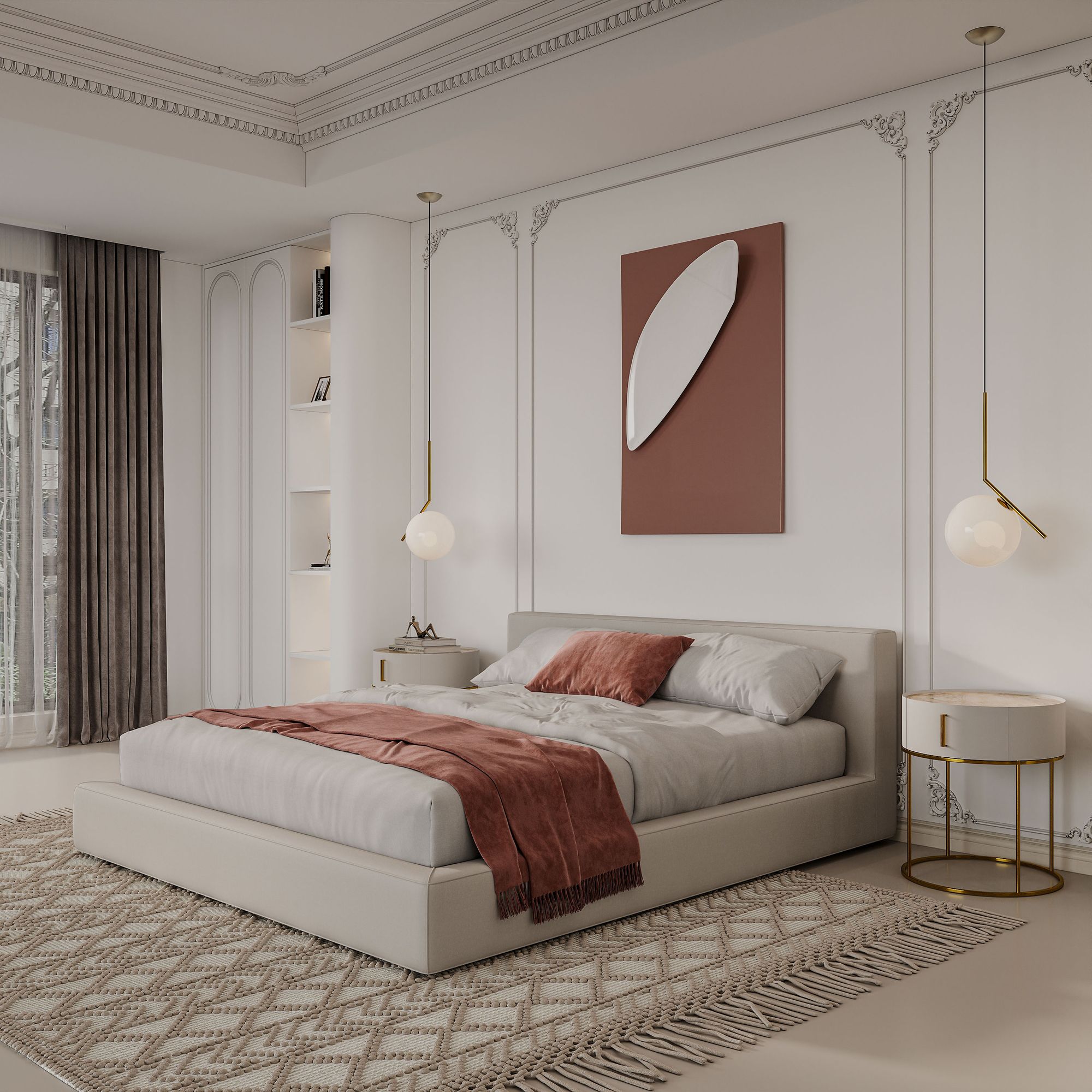 A calm, elegant bedroom in a premium short-let home