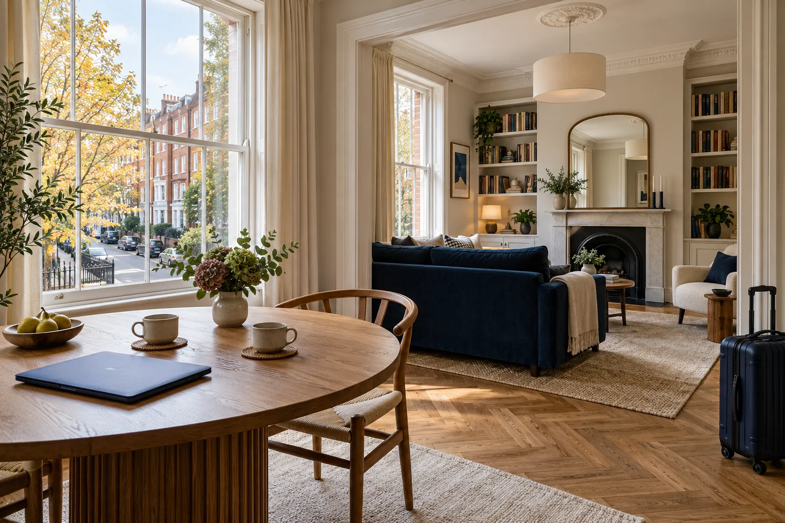Illustrative London apartment with a round oak dining table, navy laptop, blue sofa and suitcase beside a sash window