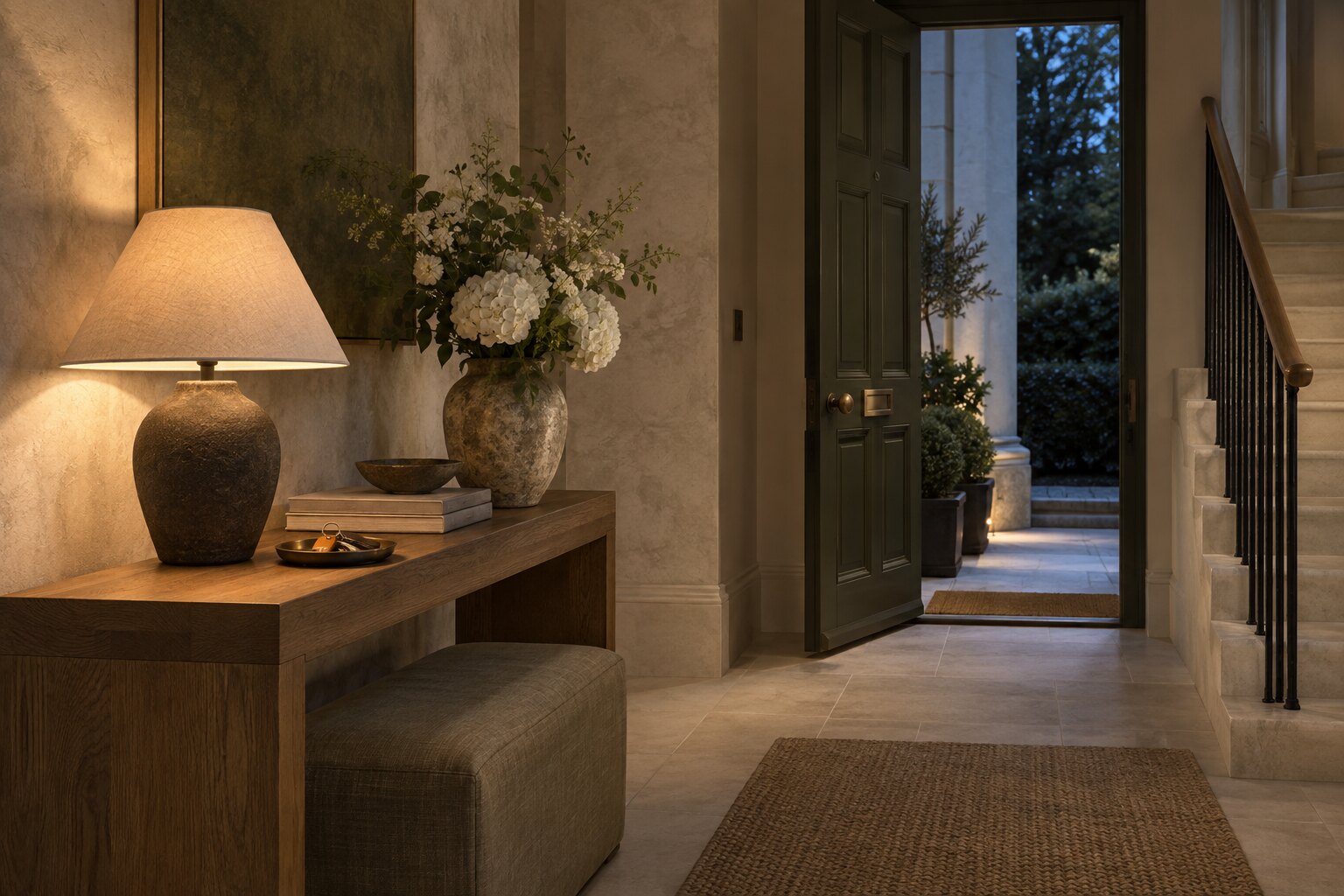 A refined apartment entrance prepared for a guest arrival at dusk