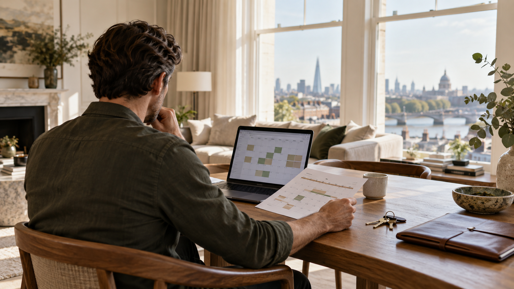 A property owner reviewing a calendar and booking plan in a bright London apartment