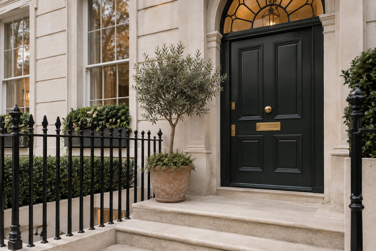 A refined London townhouse entrance with a dark painted door and stone steps