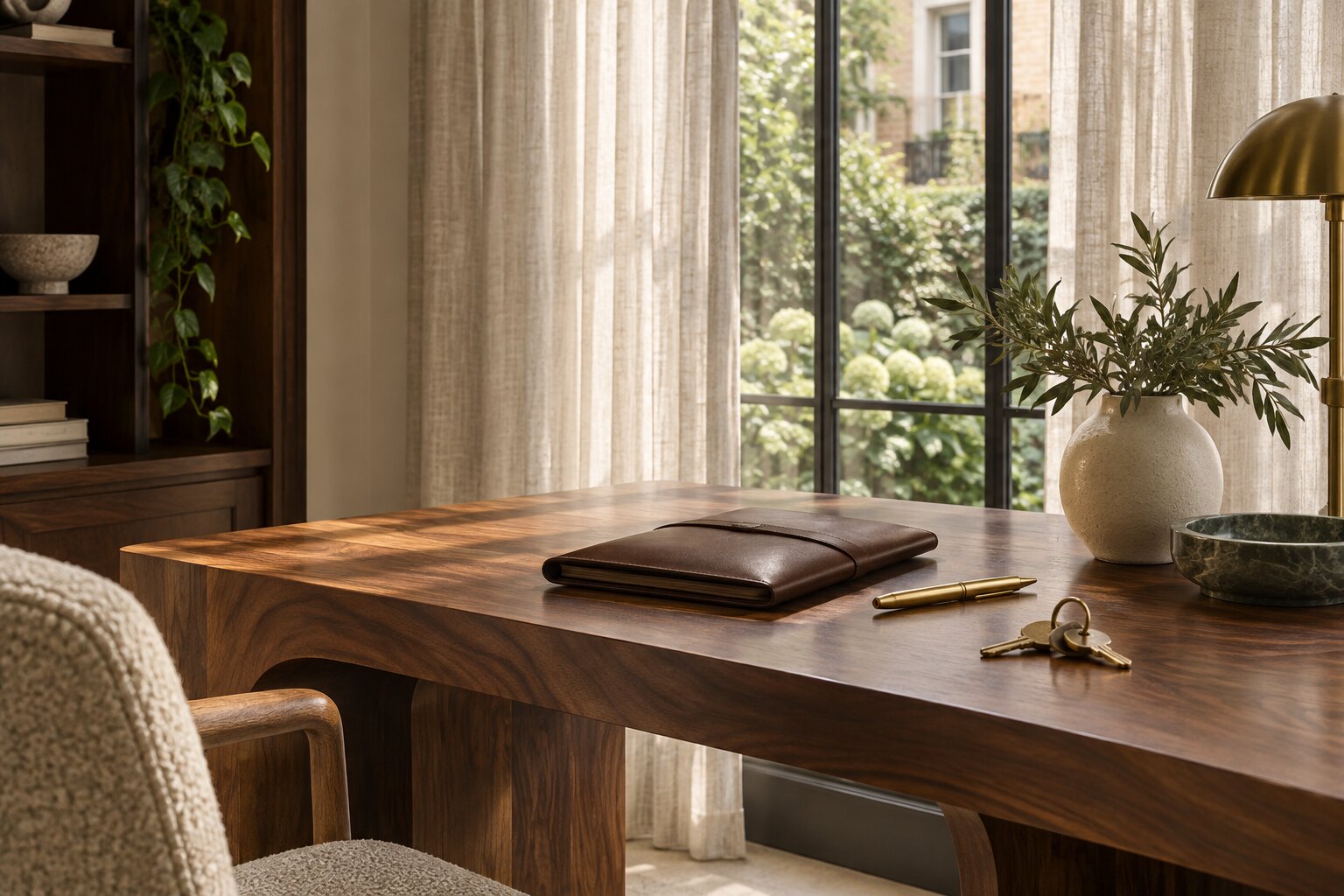 A considered owner study with a walnut desk, leather folio and house keys